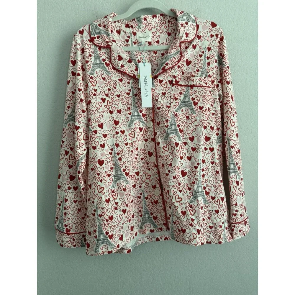 BedHead Women's Long Sleeve Button Down Pajama Top Heart Eiffel Notch Size M NEW